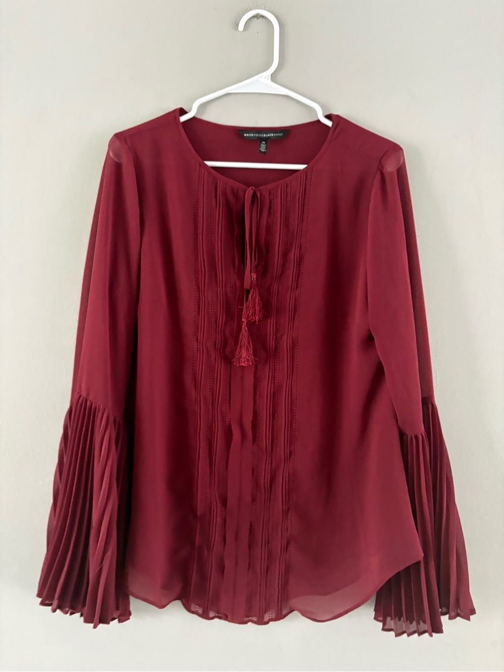 White House Black Market Burgundy Tassel Tie Pleated-Sleeve Blouse